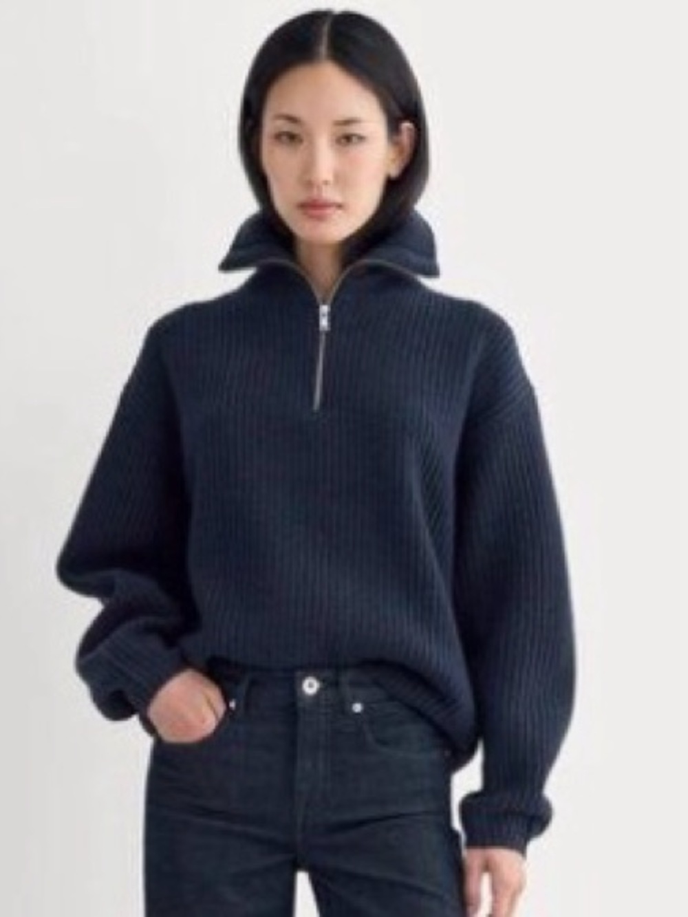 Everlane Wool Navy Half-Zip Ribbed Sweater. Size S